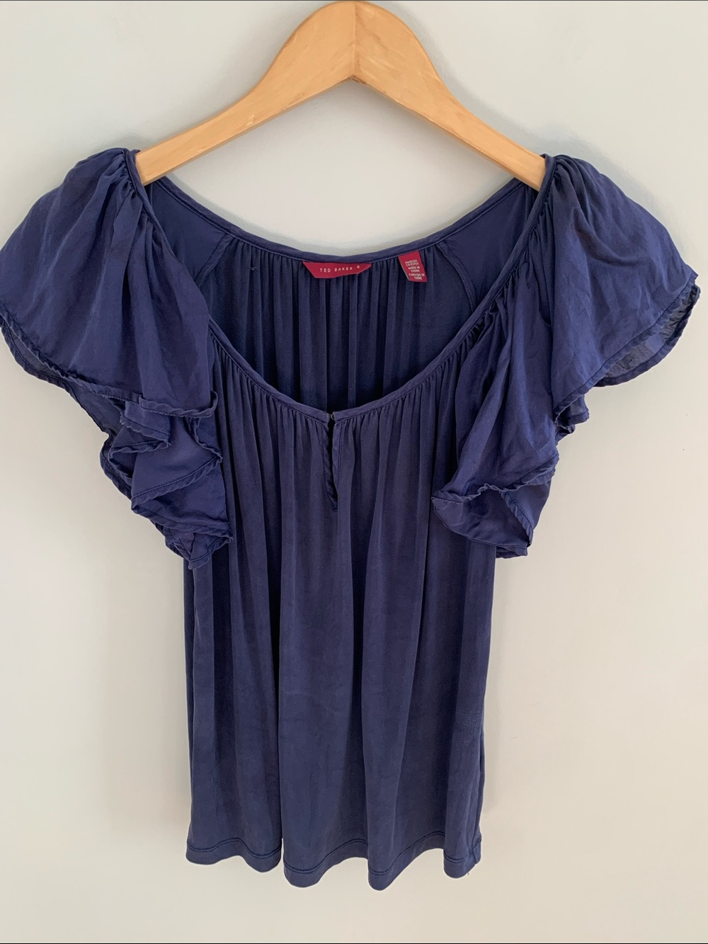 Ted Baker Ruffle Sleeve Relaxed Fit Top Navy Blue Small Romantic Feminine
